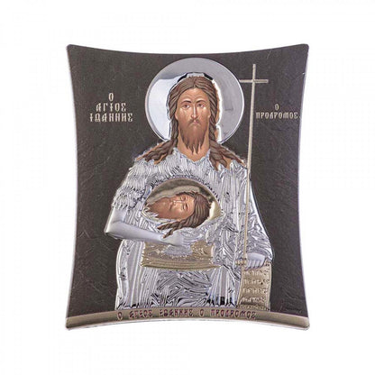 Saint John icon, Handmade Silver 925 Greek Orthodox icon of St John Baptist Forerunner, Byzantine art wall hanging on wood religious plaque - TheHolyArt