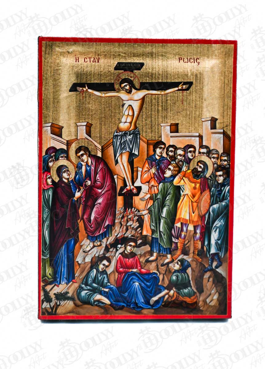 The Crucifixion Scene Orthodox Icon with the Holy Women, Serigraphy Canvas with Gold Leaf, Handmade Greek Byzantine Wall Art