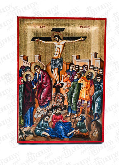 The Crucifixion Scene Orthodox Icon with the Holy Women, Serigraphy Canvas with Gold Leaf, Handmade Greek Byzantine Wall Art