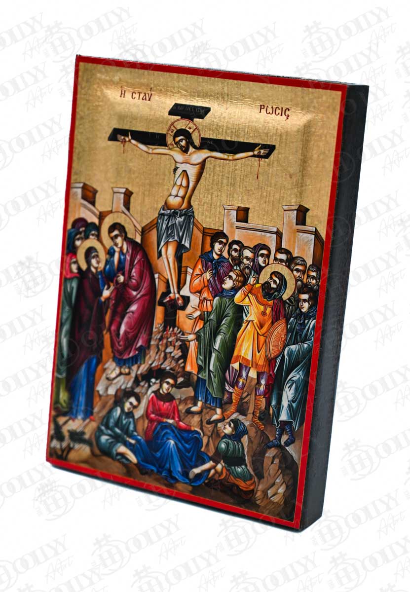 The Crucifixion Scene Orthodox Icon with the Holy Women, Serigraphy Canvas with Gold Leaf, Handmade Greek Byzantine Wall Art