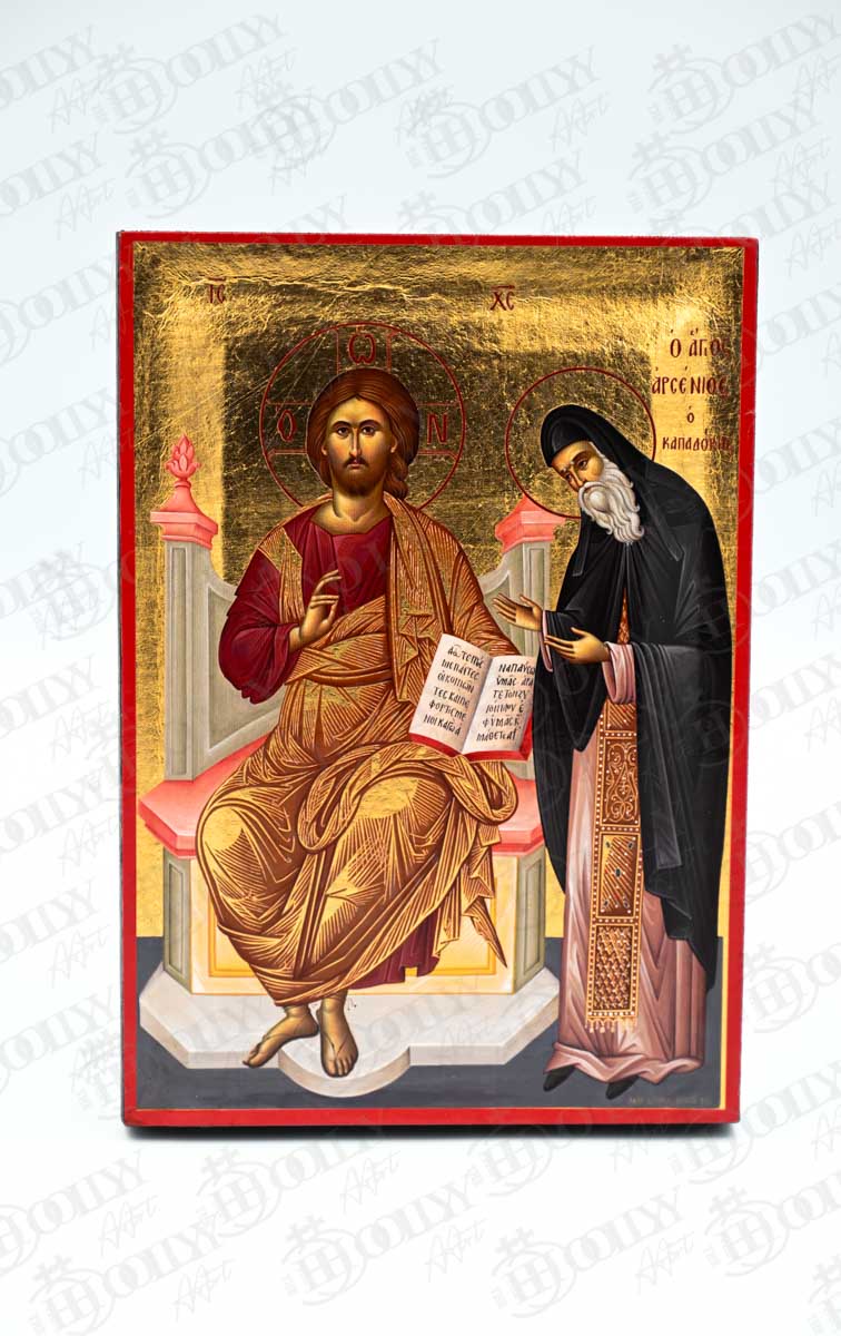 Christ Enthroned with Saint Arsenios the Cappadocian Orthodox Icon, Serigraphy Canvas with Gold Leaf, Handmade Greek Byzantine Wall Art