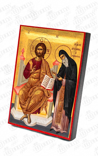 Christ Enthroned with Saint Arsenios the Cappadocian Orthodox Icon, Serigraphy Canvas with Gold Leaf, Handmade Greek Byzantine Wall Art