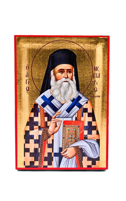 Saint Nectarios of Aegina Orthodox Icon, Serigraphy Canvas with Gold Leaf, Handmade Greek Byzantine Wall Art