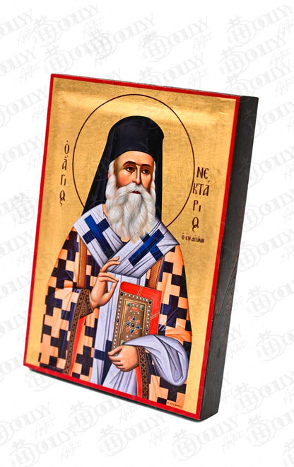 Saint Nectarios of Aegina Orthodox Icon, Serigraphy Canvas with Gold Leaf, Handmade Greek Byzantine Wall Art