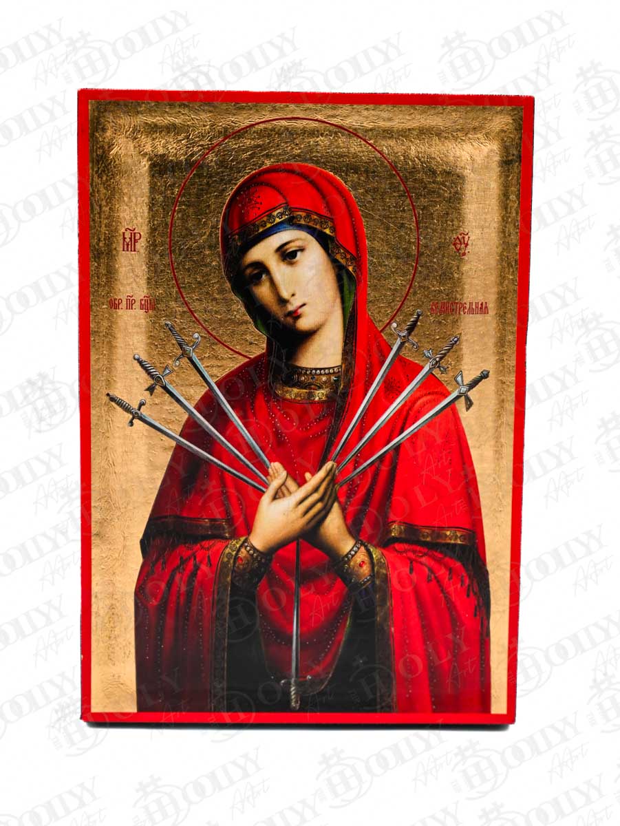 Panagia of the Seven Swords Orthodox Icon, Serigraphy Canvas with Gold Leaf, Handmade Greek Byzantine Wall Art