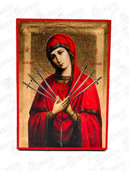 Panagia of the Seven Swords Orthodox Icon, Serigraphy Canvas with Gold Leaf, Handmade Greek Byzantine Wall Art