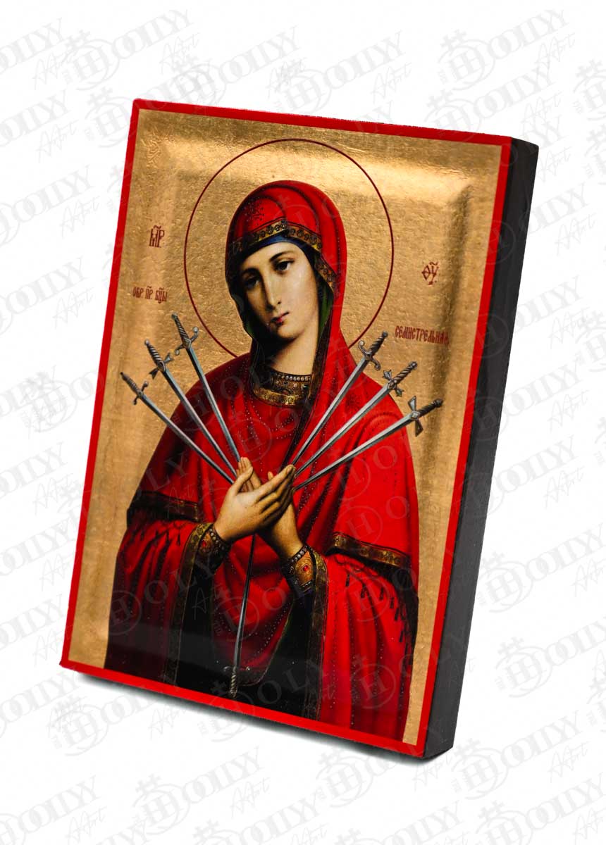 Panagia of the Seven Swords Orthodox Icon, Serigraphy Canvas with Gold Leaf, Handmade Greek Byzantine Wall Art