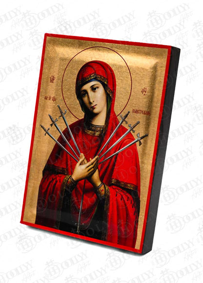 Panagia of the Seven Swords Orthodox Icon, Serigraphy Canvas with Gold Leaf, Handmade Greek Byzantine Wall Art