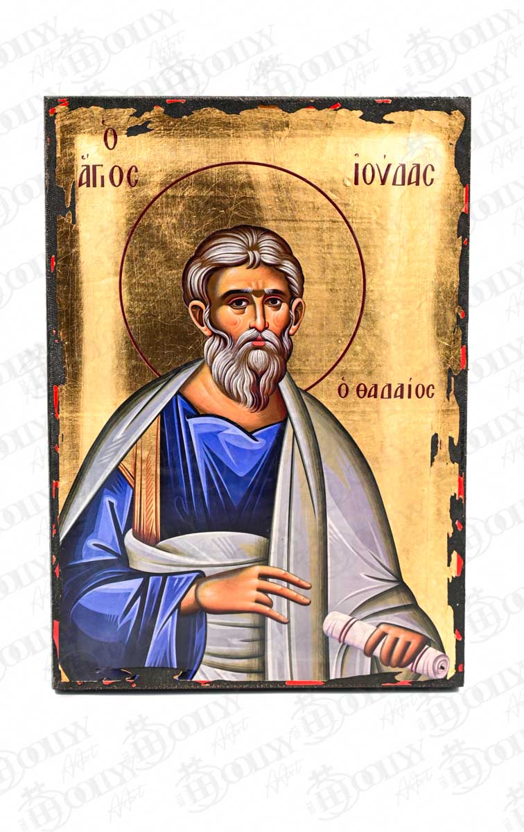 Saint Jude Thaddeus Orthodox icon, gold-leaf serigraphy on canvas, Apostle of the Twelve holding a scroll