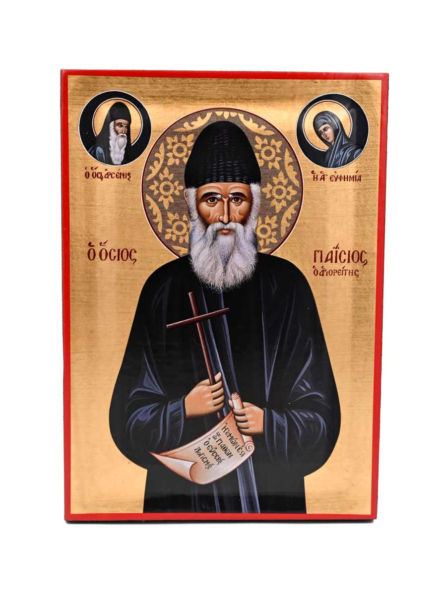 Saint Paisios with Saints Arsenios and Euphemia Orthodox Icon, Serigraphy Canvas with Gold Leaf, Handmade Greek Byzantine Wall Art