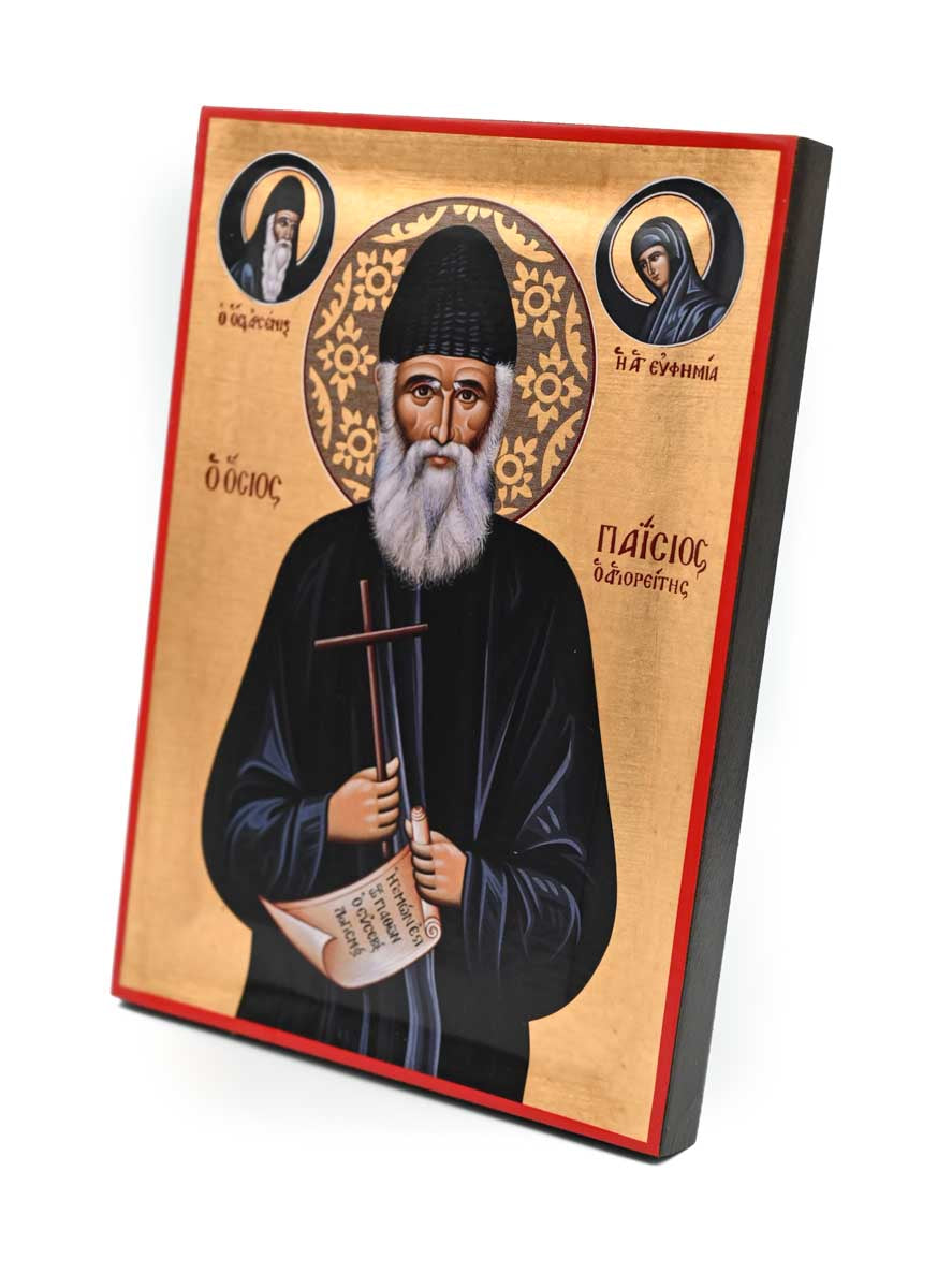 Saint Paisios with Saints Arsenios and Euphemia Orthodox Icon, Serigraphy Canvas with Gold Leaf, Handmade Greek Byzantine Wall Art