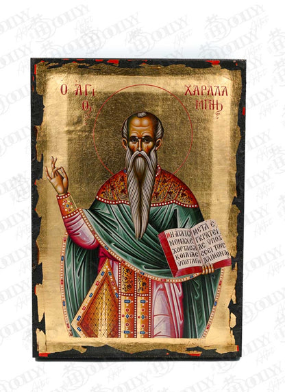 Saint Charalambos Orthodox Icon, Serigraphy Canvas with Gold Leaf, Handmade Greek Byzantine Wall Art