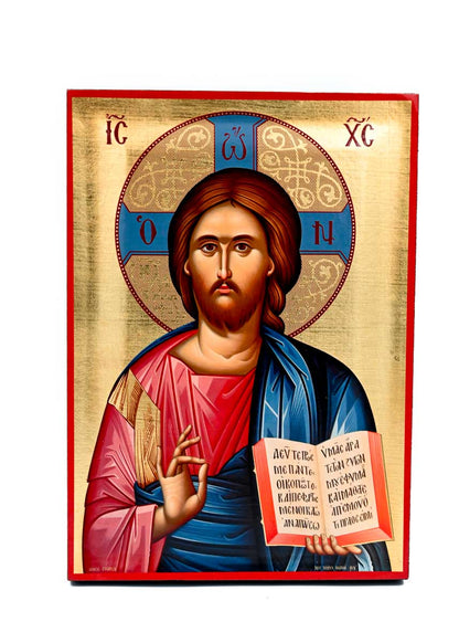 Jesus Christ Pantocrator Orthodox Icon, Serigraphy Canvas with Gold Leaf, Handmade Greek Byzantine Religious Wall Art