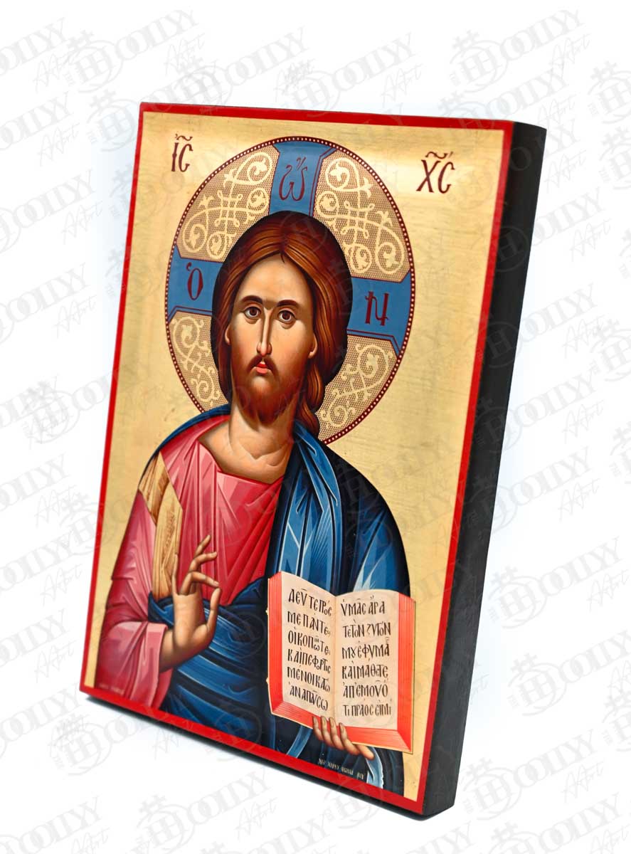Jesus Christ Pantocrator Orthodox Icon, Serigraphy Canvas with Gold Leaf, Handmade Greek Byzantine Religious Wall Art