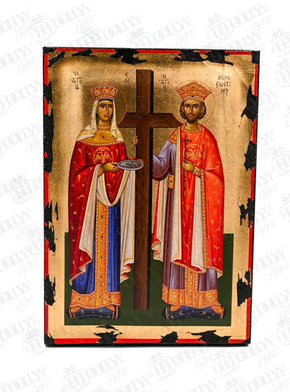 Saints Constantine and Helen Orthodox Icon, Serigraphy Canvas with Gold Leaf, Handmade Greek Byzantine Wall Art