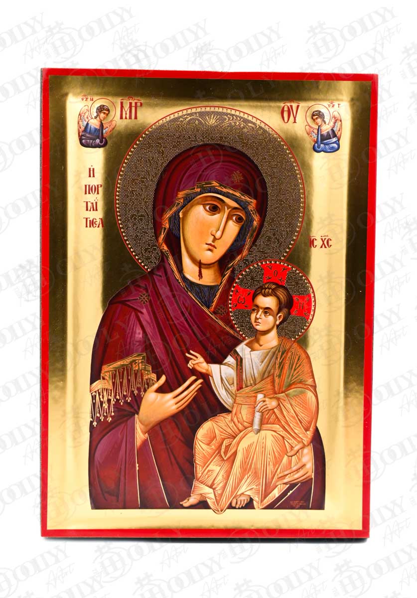 Panagia Portaitissa Orthodox Icon, Serigraphy Canvas with Gold Leaf, Handmade Greek Byzantine Religious Wall Art