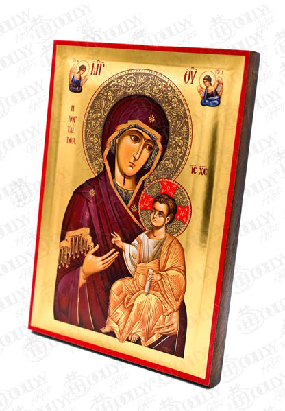 Virgin Mary icon Panagia Portaitissa, 22k Gold Canvas Hagiography Handmade Greek Orthodox icon of Our Lady Byzantine art wall hanging wood, religious plaque