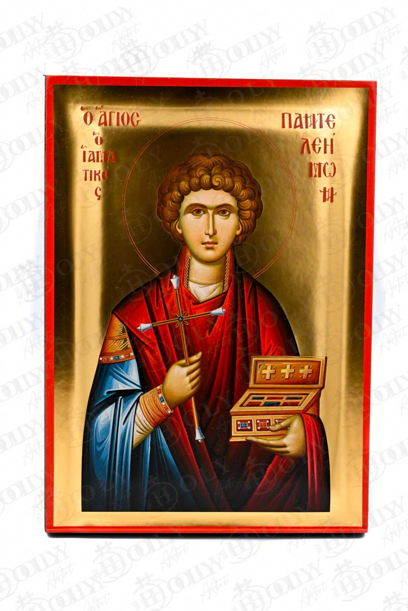 Saint Panteleimon Orthodox Icon, Serigraphy Canvas with Gold Leaf, Handmade Greek Byzantine Wall Art