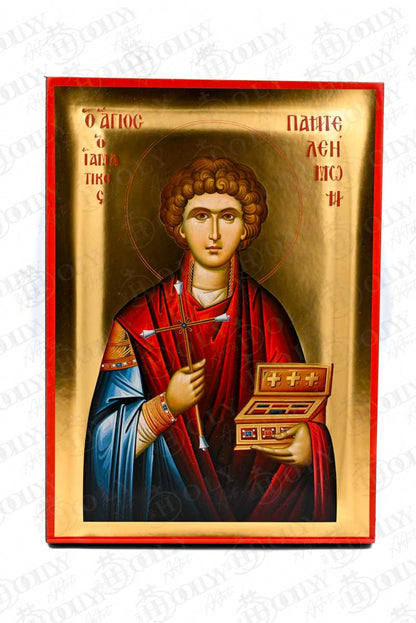 Saint Panteleimon Orthodox Icon, Serigraphy Canvas with Gold Leaf, Handmade Greek Byzantine Wall Art