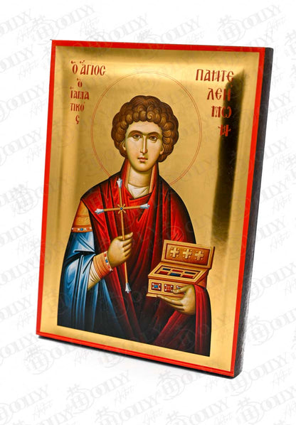 Saint Panteleimon Orthodox Icon, Serigraphy Canvas with Gold Leaf, Handmade Greek Byzantine Wall Art