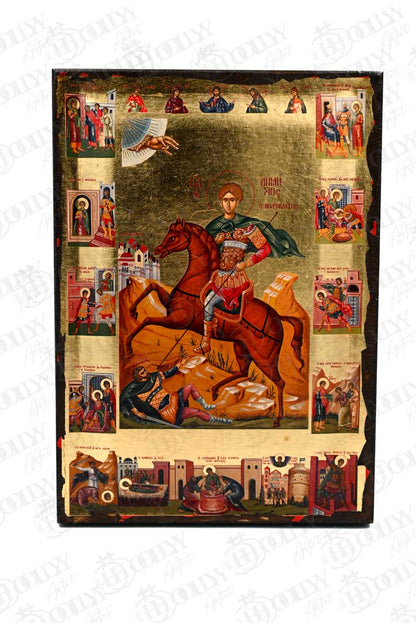 Saint Demetrios on Horseback Orthodox Icon with Scenes from His Life, Serigraphy Canvas with Gold Leaf, Handmade Greek Byzantine Wall Art