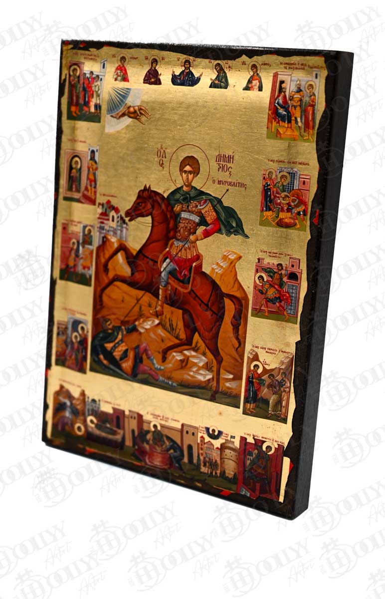 Saint Demetrios on Horseback Orthodox Icon with Scenes from His Life, Serigraphy Canvas with Gold Leaf, Handmade Greek Byzantine Wall Art
