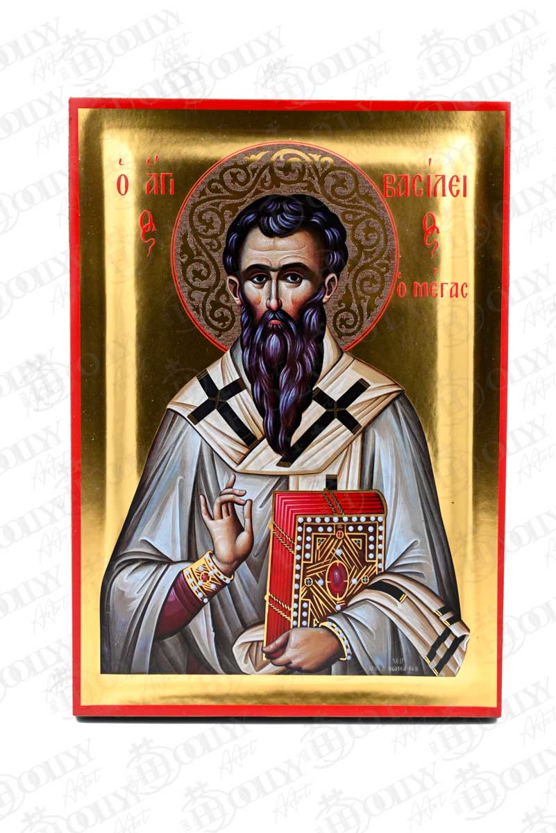 Saint Basil the Great Orthodox icon, gold-leaf serigraphy on canvas, Archbishop of Caesarea blessing