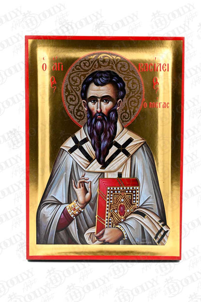 Saint Basil the Great Orthodox icon, gold-leaf serigraphy on canvas, Archbishop of Caesarea blessing