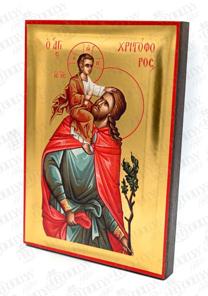 Saint Christopher Orthodox Icon, Serigraphy Canvas with Gold Leaf, Handmade Greek Byzantine Religious Wall Art