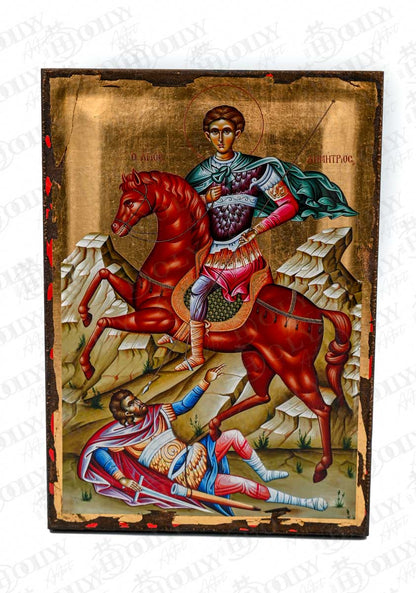 Saint Demetrios Orthodox Icon, Serigraphy Canvas with Gold Leaf, Handmade Greek Byzantine Religious Wall Art