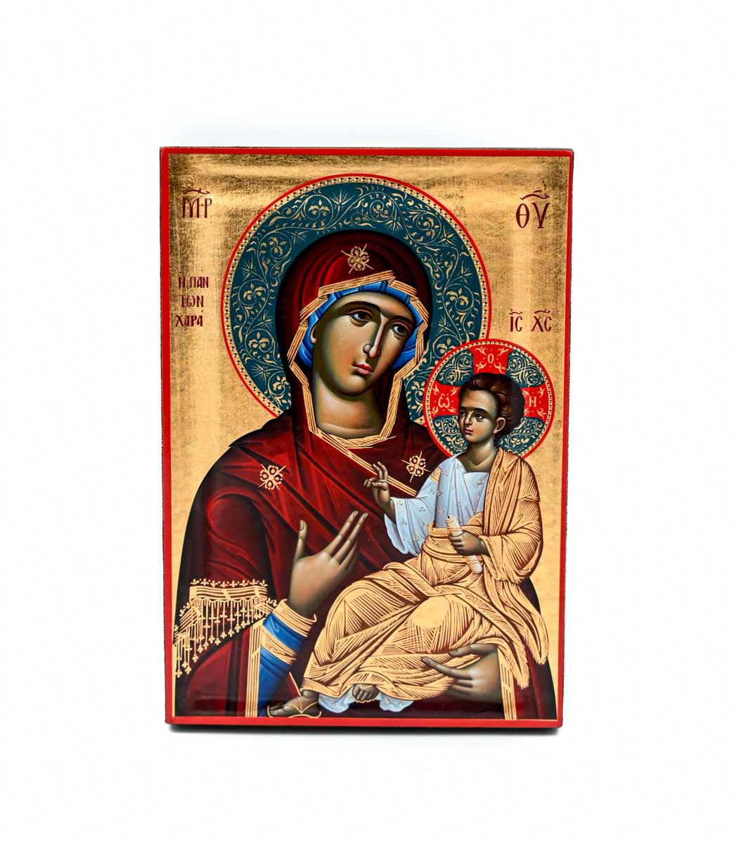 Panagia Panton Chara Orthodox Icon, Gilded Serigraphy Canvas, Handmade Greek Byzantine Religious Wall Art