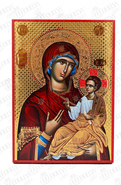 Virgin Mary Panton Chara Orthodox Icon, Gold-Ground Serigraphy Canvas, Handmade Greek Byzantine Religious Wall Art