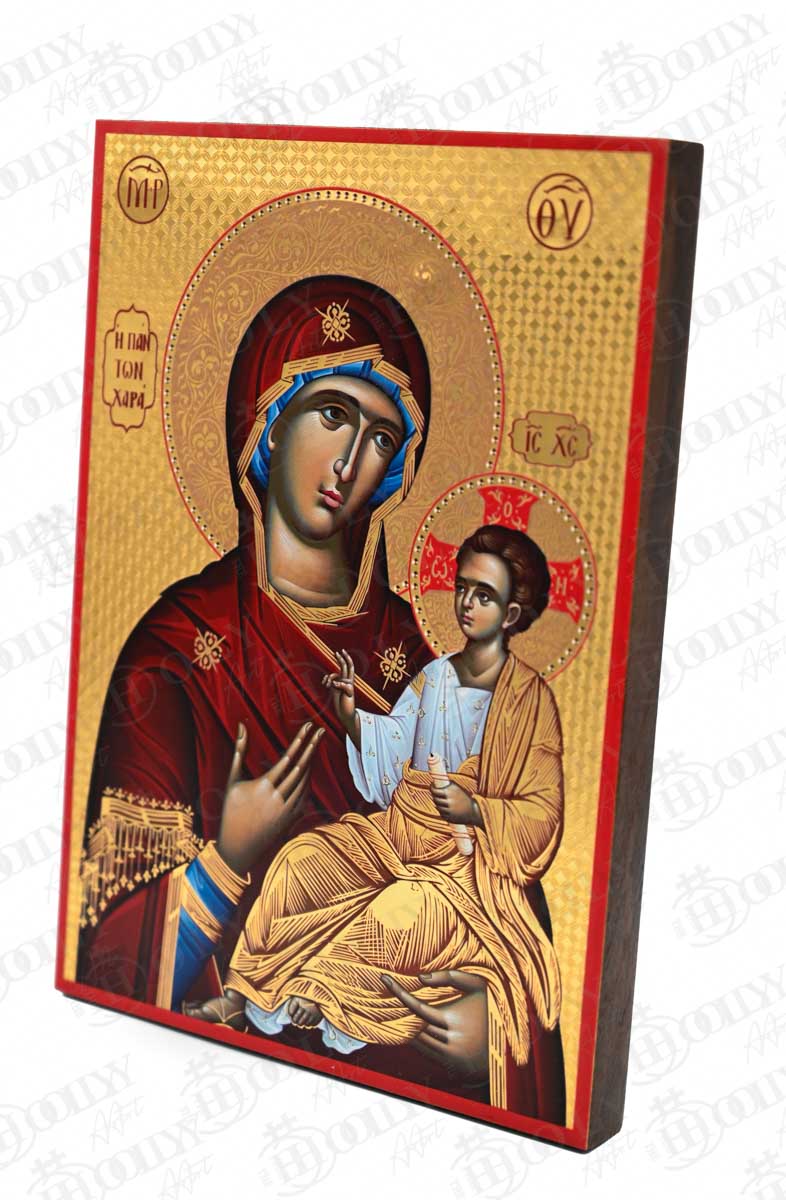 Virgin Mary Panton Chara Orthodox Icon, Gold-Ground Serigraphy Canvas, Handmade Greek Byzantine Religious Wall Art