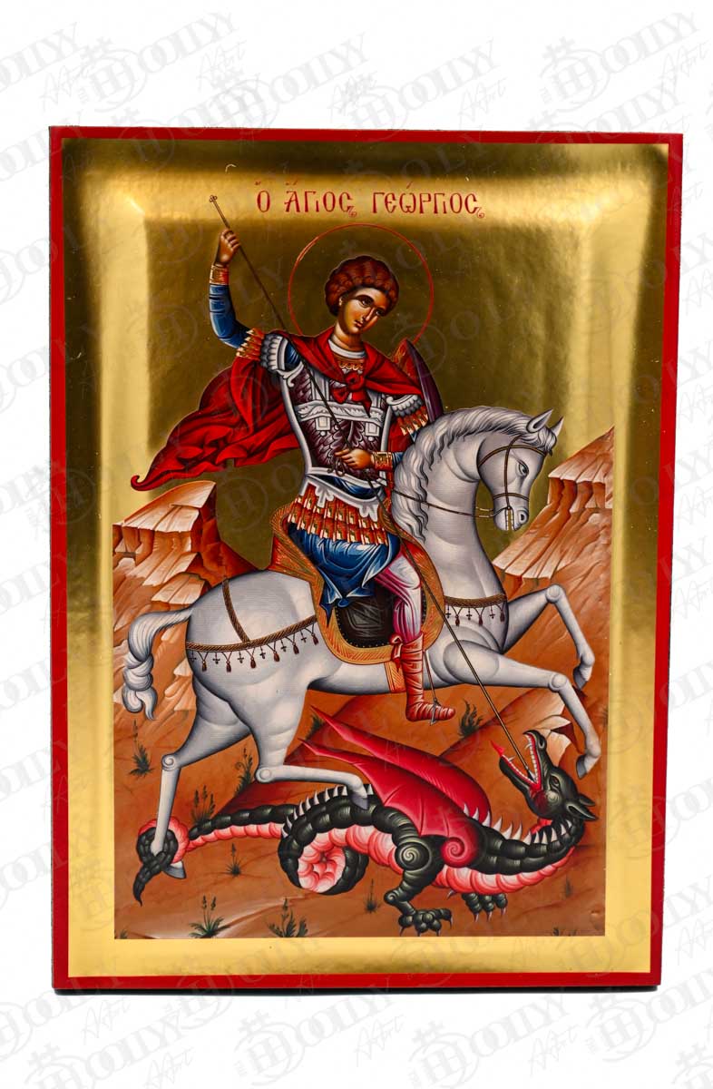 Saint George Dragon Slayer Orthodox Icon, Serigraphy Canvas with Gold Leaf, Handmade Greek Byzantine Religious Wall Art