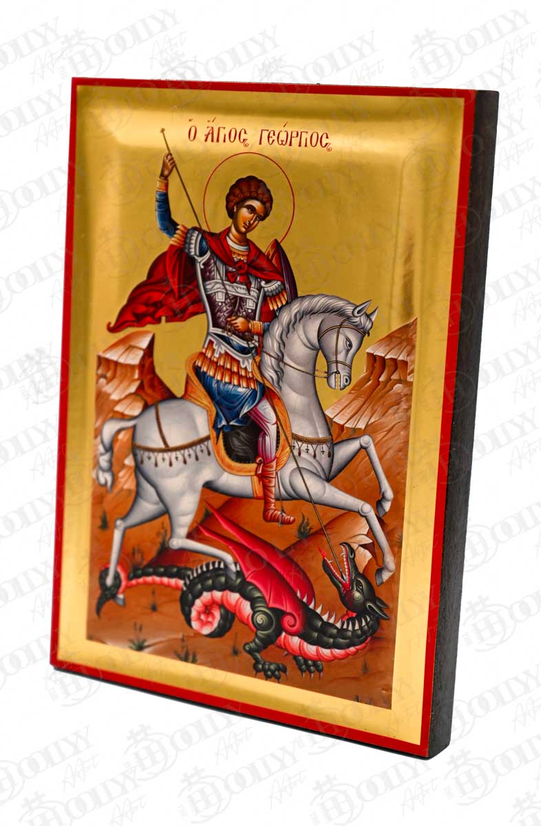Saint George Dragon Slayer Orthodox Icon, Serigraphy Canvas with Gold Leaf, Handmade Greek Byzantine Religious Wall Art