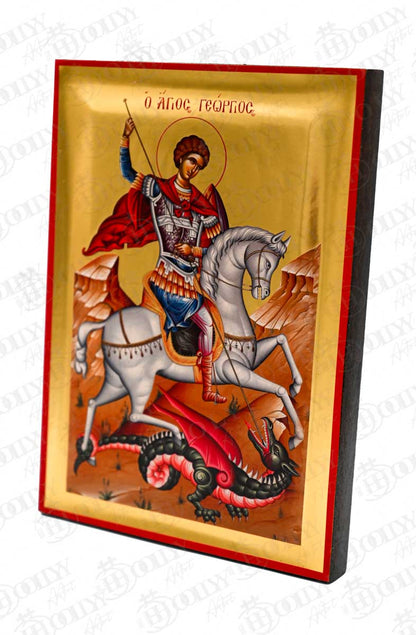 Saint George Dragon Slayer Orthodox Icon, Serigraphy Canvas with Gold Leaf, Handmade Greek Byzantine Religious Wall Art