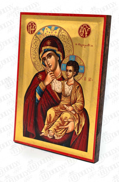 Virgin Mary icon Panagia Paramythia, 22k Gold Canvas Hagiography Handmade Greek Orthodox icon of Our Lady Byzantine art wall hanging wood, religious plaque