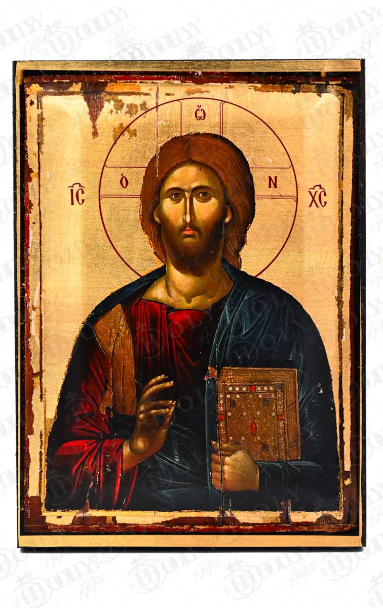 Aged Christ Pantocrator Orthodox Icon, Serigraphy Canvas with Gold Leaf, Handmade Greek Byzantine Wall Art