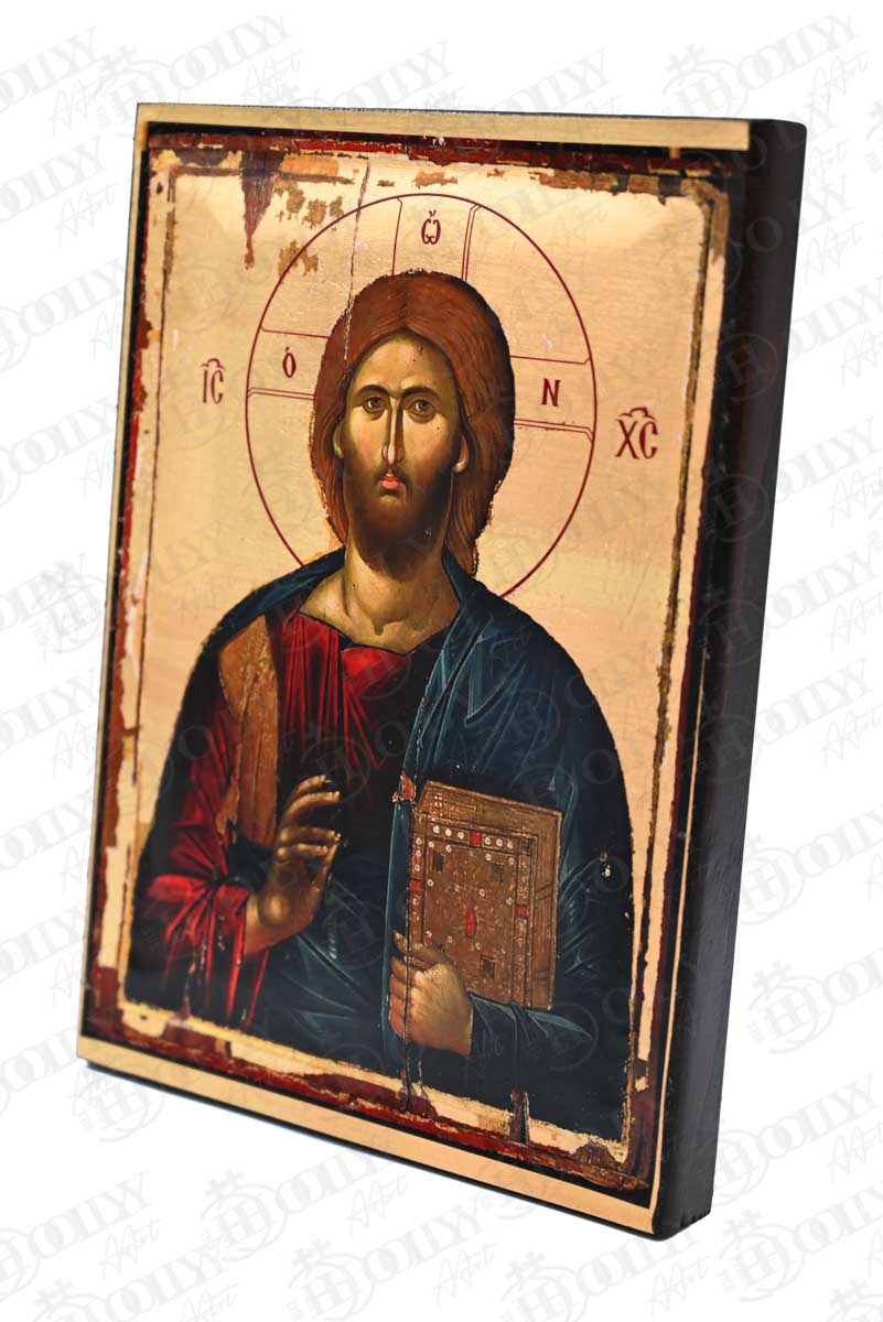 Aged Christ Pantocrator Orthodox Icon, Serigraphy Canvas with Gold Leaf, Handmade Greek Byzantine Wall Art