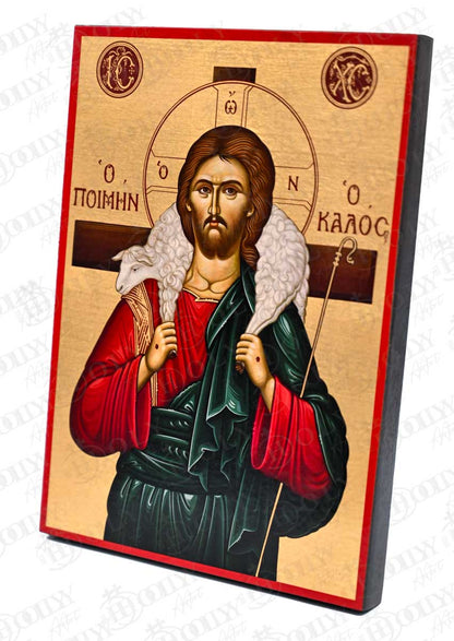 Jesus Christ The Good Shepherd Orthodox Icon, Serigraphy Canvas with Gold Leaf, Handmade Greek Byzantine Religious Wall Art