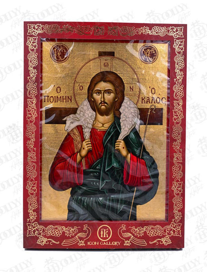 Jesus Christ The Good Shepherd Orthodox Icon, Serigraphy Canvas with Gold Leaf, Handmade Greek Byzantine Religious Wall Art