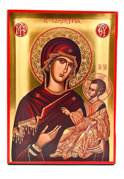 Panagia Hodegetria Orthodox icon, gold-leaf serigraphy on canvas, the Virgin Mary pointing to the Christ-child