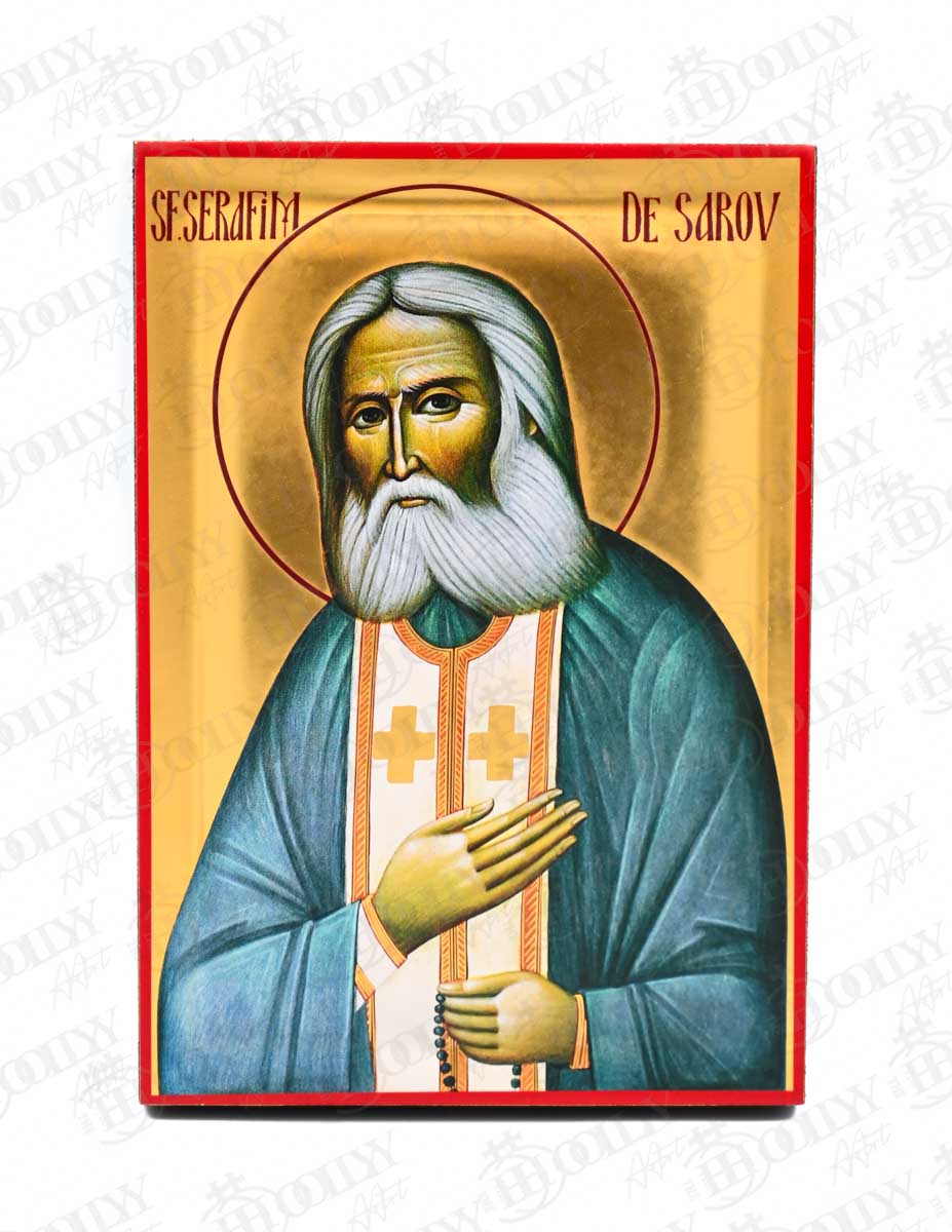 Saint Seraphim of Sarov Orthodox Icon, Serigraphy Canvas with Gold Leaf, Handmade Greek Byzantine Wall Art