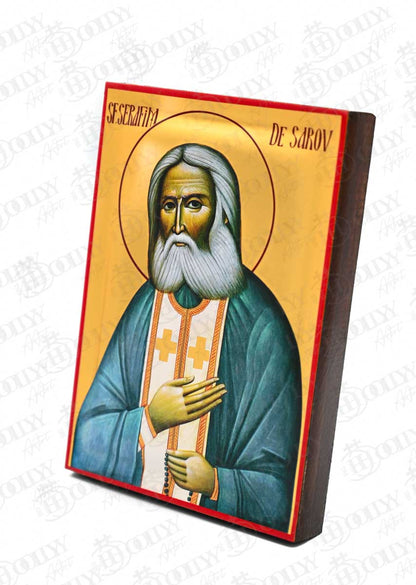 Saint Seraphim of Sarov Orthodox Icon, Serigraphy Canvas with Gold Leaf, Handmade Greek Byzantine Wall Art