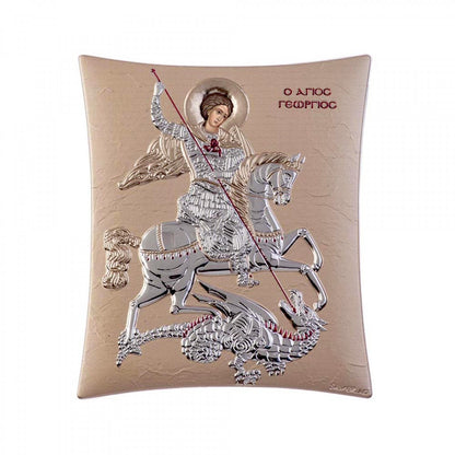 Saint George icon, Elegant Handmade Silver 925 Greek Orthodox icon of Saint George , Byzantine art wall hanging on wood plaque icon, religious icon home decor - TheHolyArt