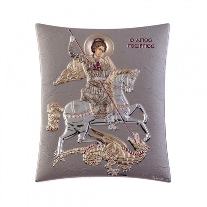 Saint George icon, Elegant Handmade Silver 925 Greek Orthodox icon of Saint George , Byzantine art wall hanging on wood plaque icon, religious icon home decor - TheHolyArt