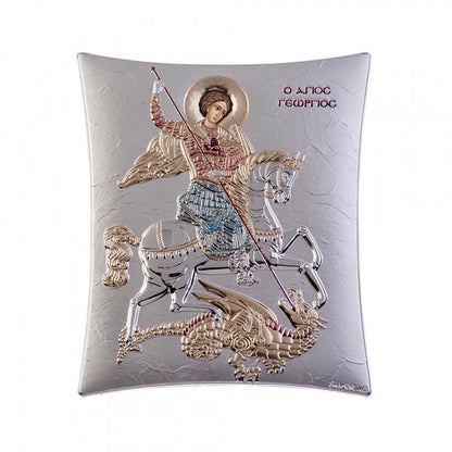 Saint George icon, Elegant Handmade Silver 925 Greek Orthodox icon of Saint George , Byzantine art wall hanging on wood plaque icon, religious icon home decor - TheHolyArt