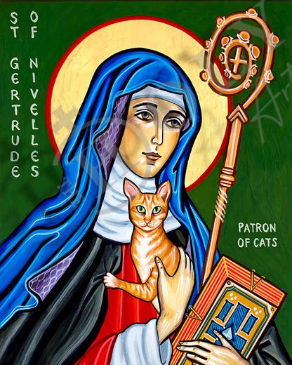 Saint Gertrude of Nivelles icon, Handmade Greek Orthodox Catholic icon of St Gertrude the GreatByzantine art wall hanging icon on wood plaque decor gift - TheHolyArt