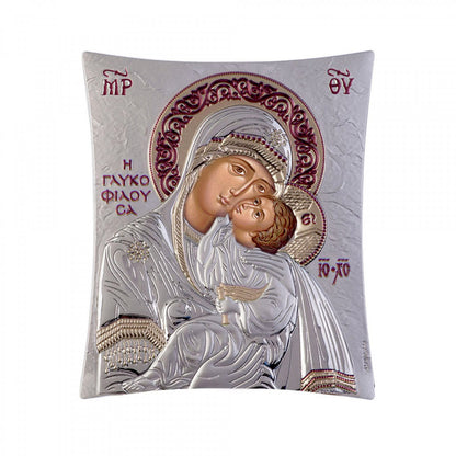 Virgin Mary / Panagia Glykophilousa icon, Elegant Handmade Silver 925 Greek Orthodox icon of Virgin Mary / Panagia Glykophilousa(Sweet Kissing), Byzantine art wall hanging on wood plaque icon, religious con home decor - TheHolyArt