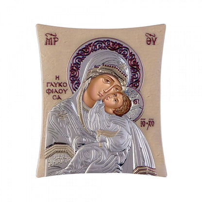 Virgin Mary / Panagia Glykophilousa icon, Elegant Handmade Silver 925 Greek Orthodox icon of Virgin Mary / Panagia Glykophilousa(Sweet Kissing), Byzantine art wall hanging on wood plaque icon, religious con home decor - TheHolyArt